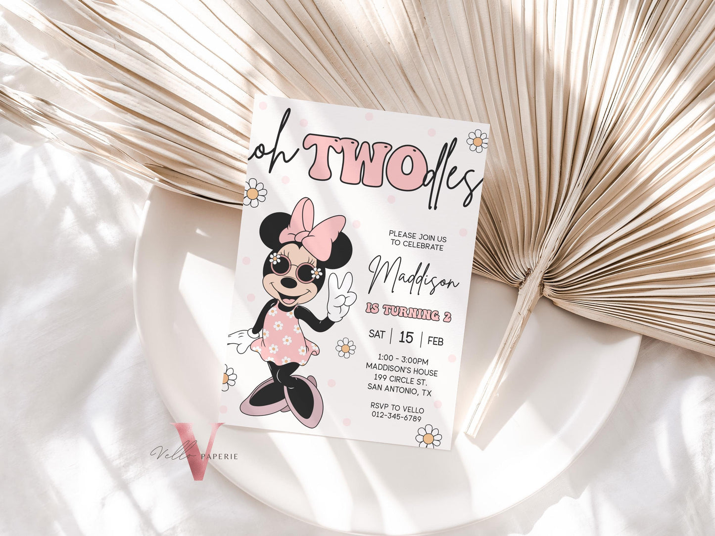 Oh TWOdles Groovy Minnie Mouse Birthday Invitation | Light Peach White Polkadot Invite 2 Years Old Girl | Minnie Groovy Second Birthday