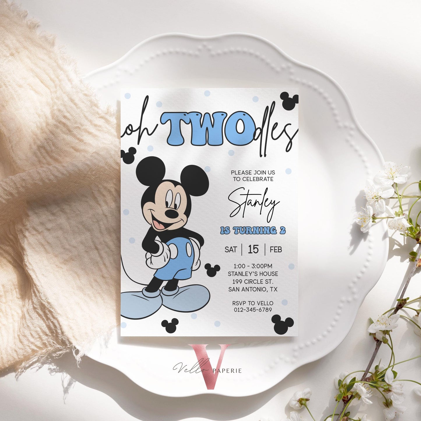 Modern Oh Twodles Mickey Mouse Birthday Invitation | White Black Blue Minimalist Mickey Birthday Party Invite | Mickey Twodles 2nd Birthday