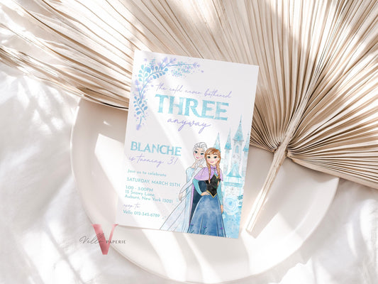 Editable Third Birthday Frozen Theme Birthday Party Invitation | 3rd Birthday Watercolor Princess Elsa Anna Frozen Invite | Winter Snow