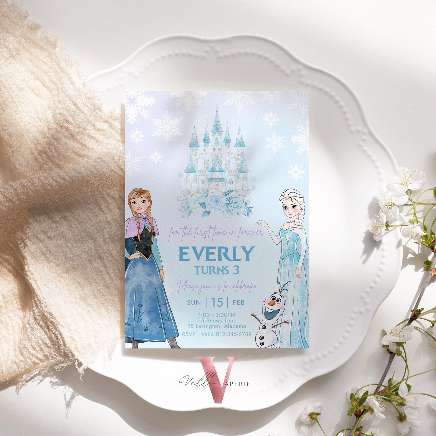 Editable ANY AGE Birthday Frozen Theme Birthday Party Invitation | Watercolor Elsa Anna Princess Birthday Invite | Winter Snow Princess