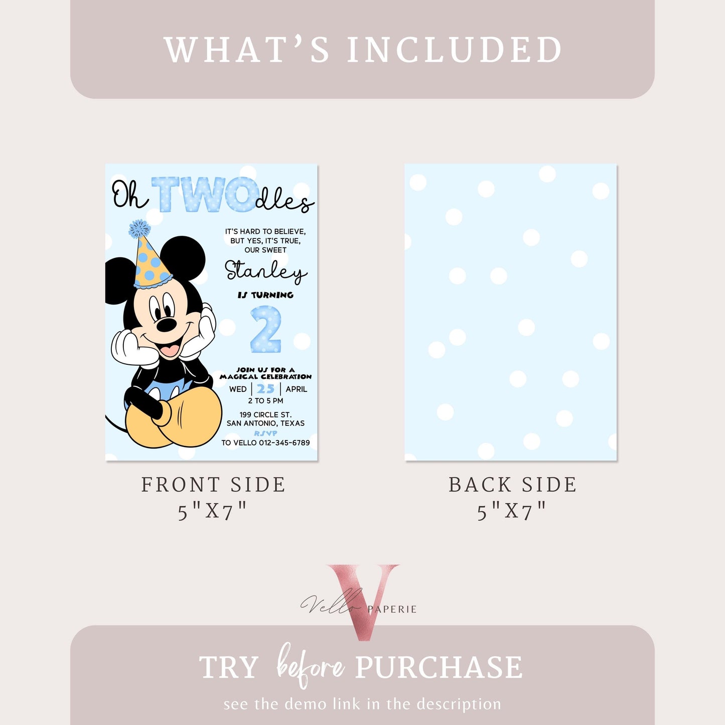 Oh Twodles Mickey Mouse Birthday Invitation | White Blue Polkadot Minimalist Second Mickey Bday Party Invite | Mickey Twodles 2nd Birthday