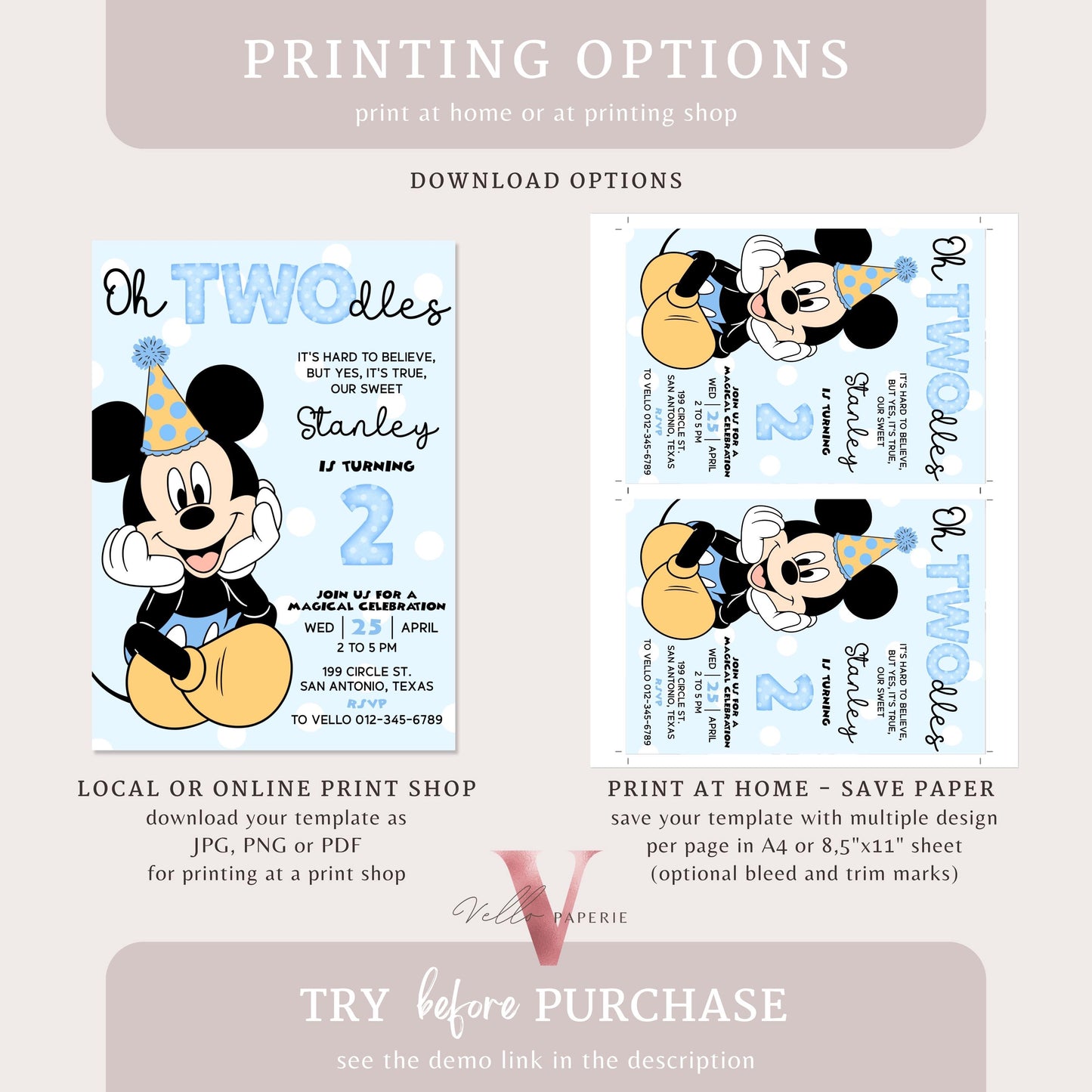 Oh Twodles Mickey Mouse Birthday Invitation | White Blue Polkadot Minimalist Second Mickey Bday Party Invite | Mickey Twodles 2nd Birthday