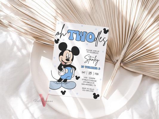 Modern Oh Twodles Mickey Mouse Birthday Invitation | White Black Blue Minimalist Mickey Birthday Party Invite | Mickey Twodles 2nd Birthday