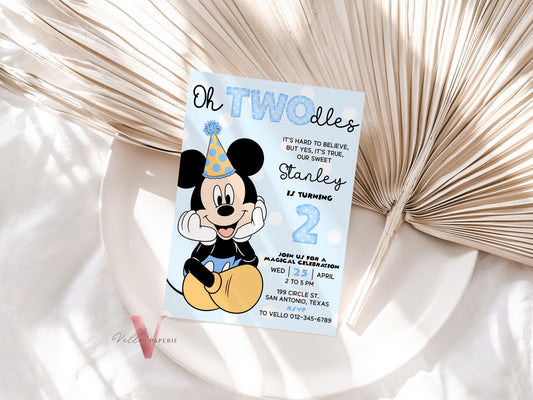 Oh Twodles Mickey Mouse Birthday Invitation | White Blue Polkadot Minimalist Second Mickey Bday Party Invite | Mickey Twodles 2nd Birthday