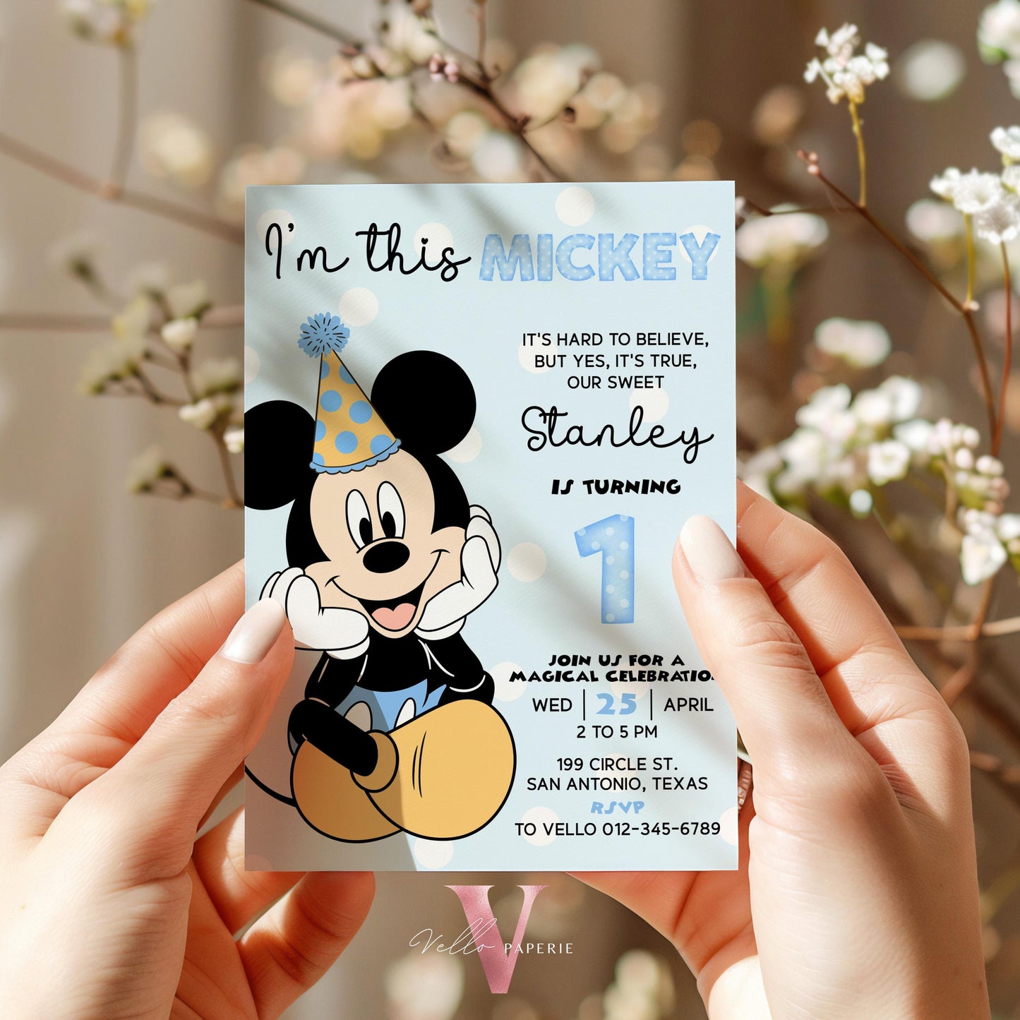 1st I'm this Mickey Mouse Birthday Invitation | White Blue Polkadot Minimalist First Mickey Bday Party Invite | Mickey Mouse 1st Birthday