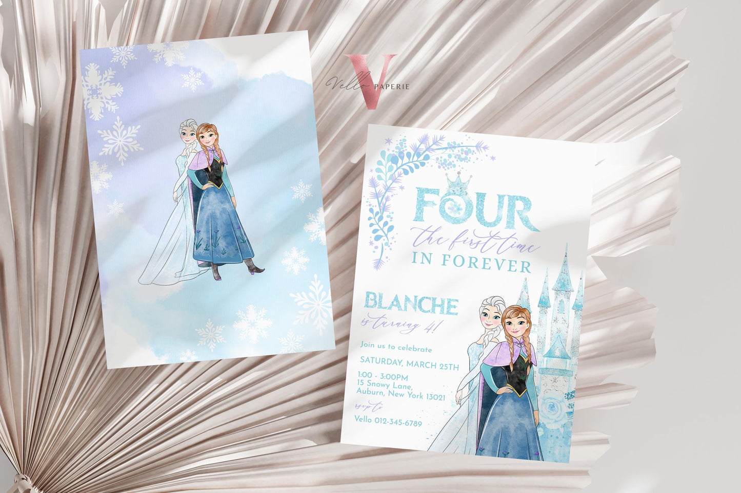 Editable Fourth Birthday Frozen Theme Birthday Party Invitation | 4th Birthday Watercolor Princess Elsa Anna Invite | Winter Snow Princess