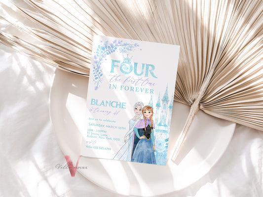 Editable Fourth Birthday Frozen Theme Birthday Party Invitation | 4th Birthday Watercolor Princess Elsa Anna Invite | Winter Snow Princess