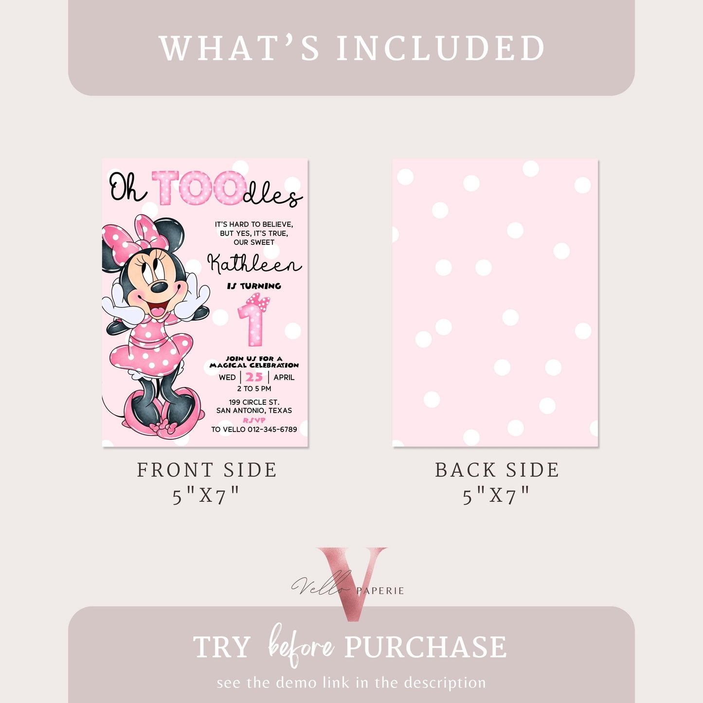 1st Oh TOOdles Minnie Mouse Birthday Invitation | Light Pink Polkadot Invite 1 year old Girl | Minnie First Birthday Instant Download MMB05