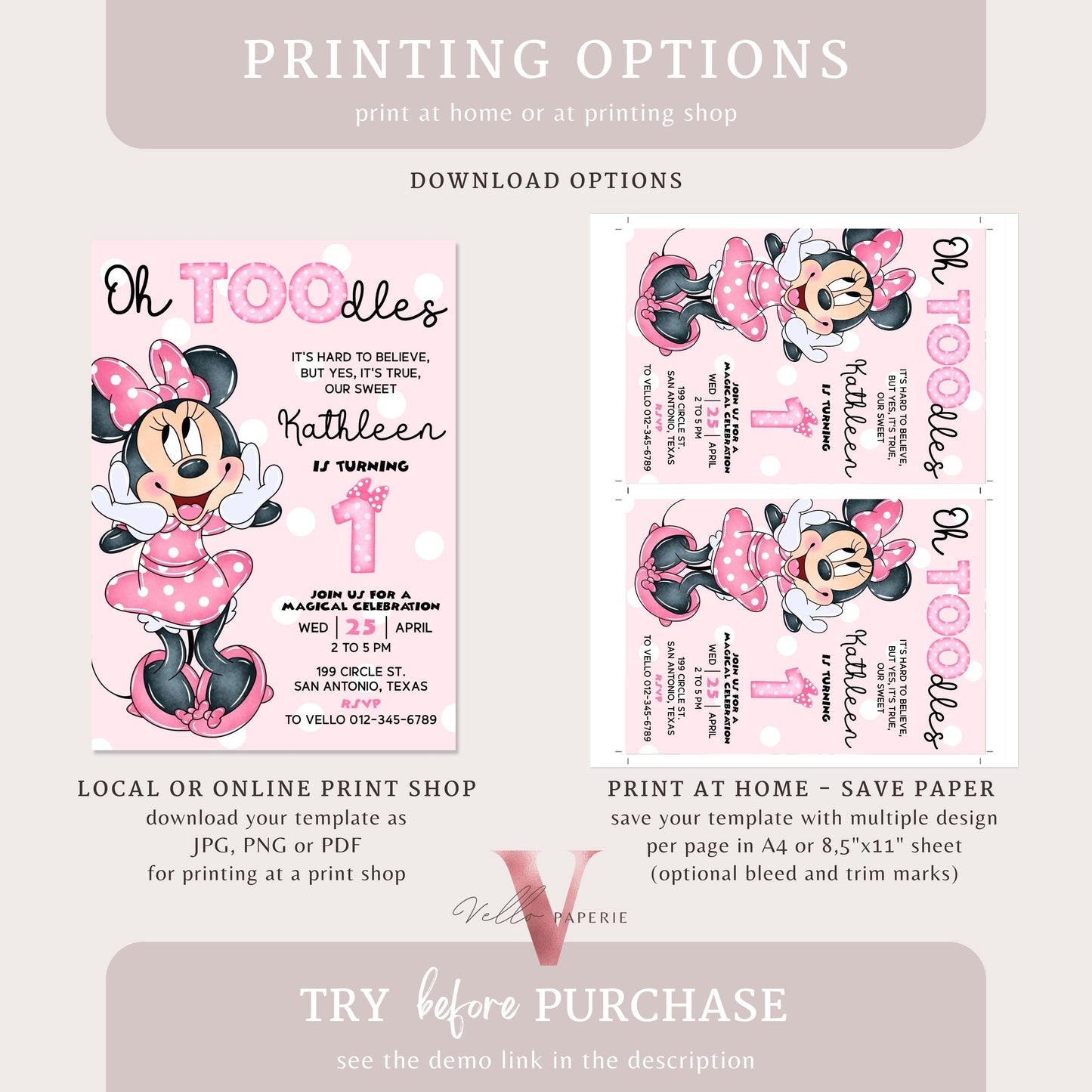 1st Oh TOOdles Minnie Mouse Birthday Invitation | Light Pink Polkadot Invite 1 year old Girl | Minnie First Birthday Instant Download MMB05