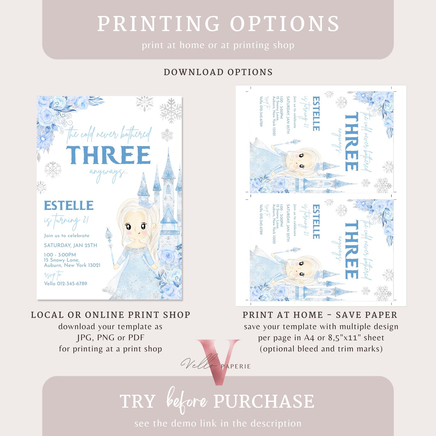 Editable Third Birthday Frozen Theme Birthday Party Invitation | 3rd Birthday Watercolor Princess Frozen Invite | THREE Winter Snow Princess