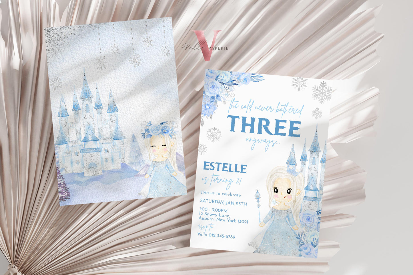 Editable Third Birthday Frozen Theme Birthday Party Invitation | 3rd Birthday Watercolor Princess Frozen Invite | THREE Winter Snow Princess