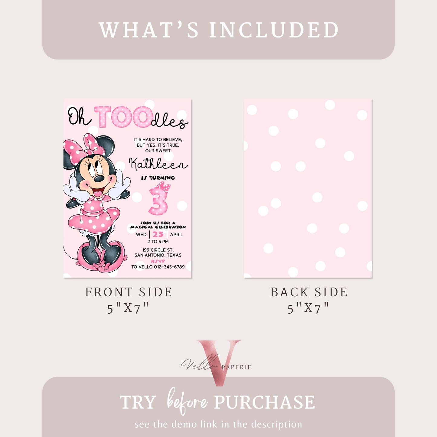 3rd Oh TOOdles Minnie Mouse Birthday Invitation | Light Pink Polkadot Invite 3 years old Girl | Minnie Third Birthday Instant Download MMB05