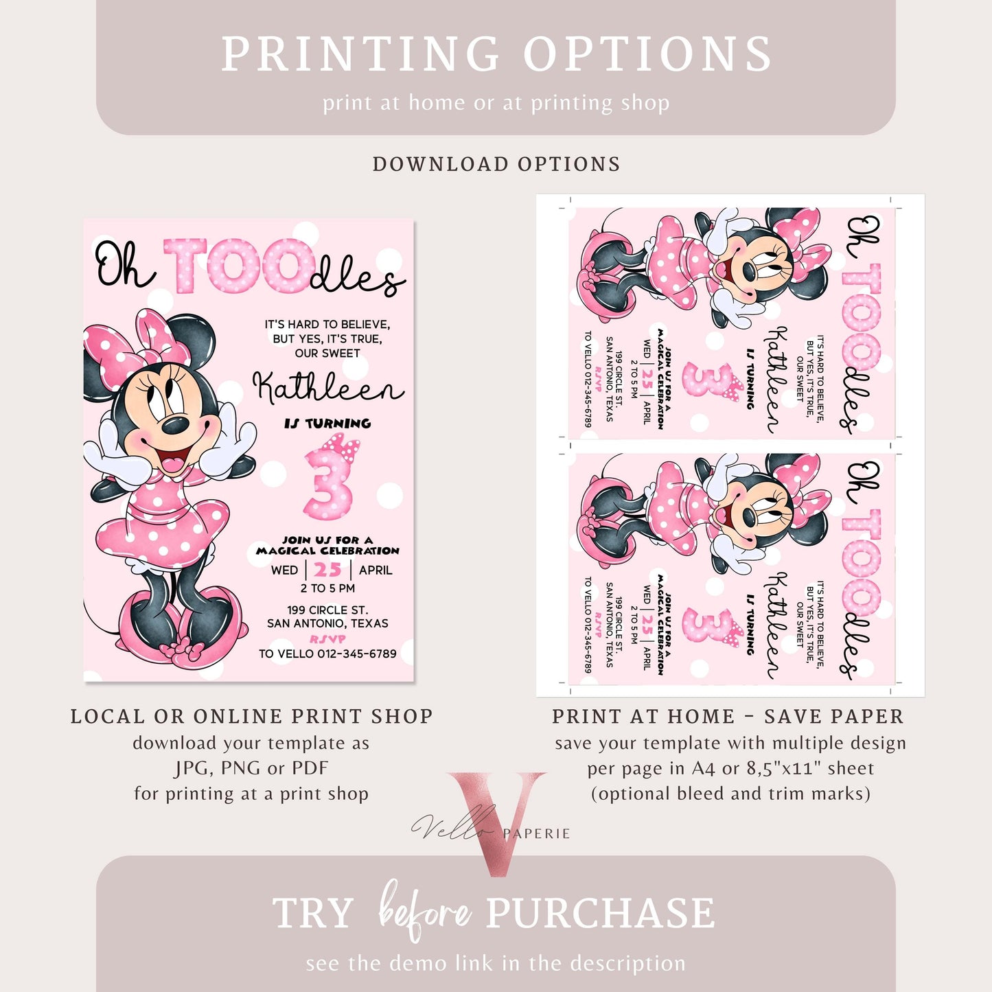 3rd Oh TOOdles Minnie Mouse Birthday Invitation | Light Pink Polkadot Invite 3 years old Girl | Minnie Third Birthday Instant Download MMB05