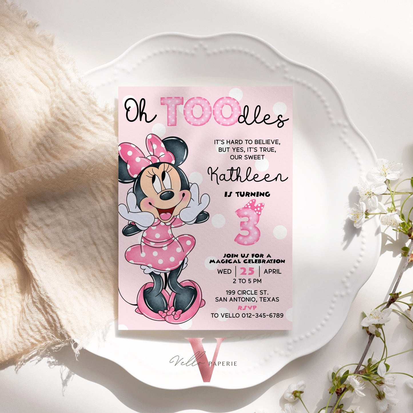 3rd Oh TOOdles Minnie Mouse Birthday Invitation | Light Pink Polkadot Invite 3 years old Girl | Minnie Third Birthday Instant Download MMB05