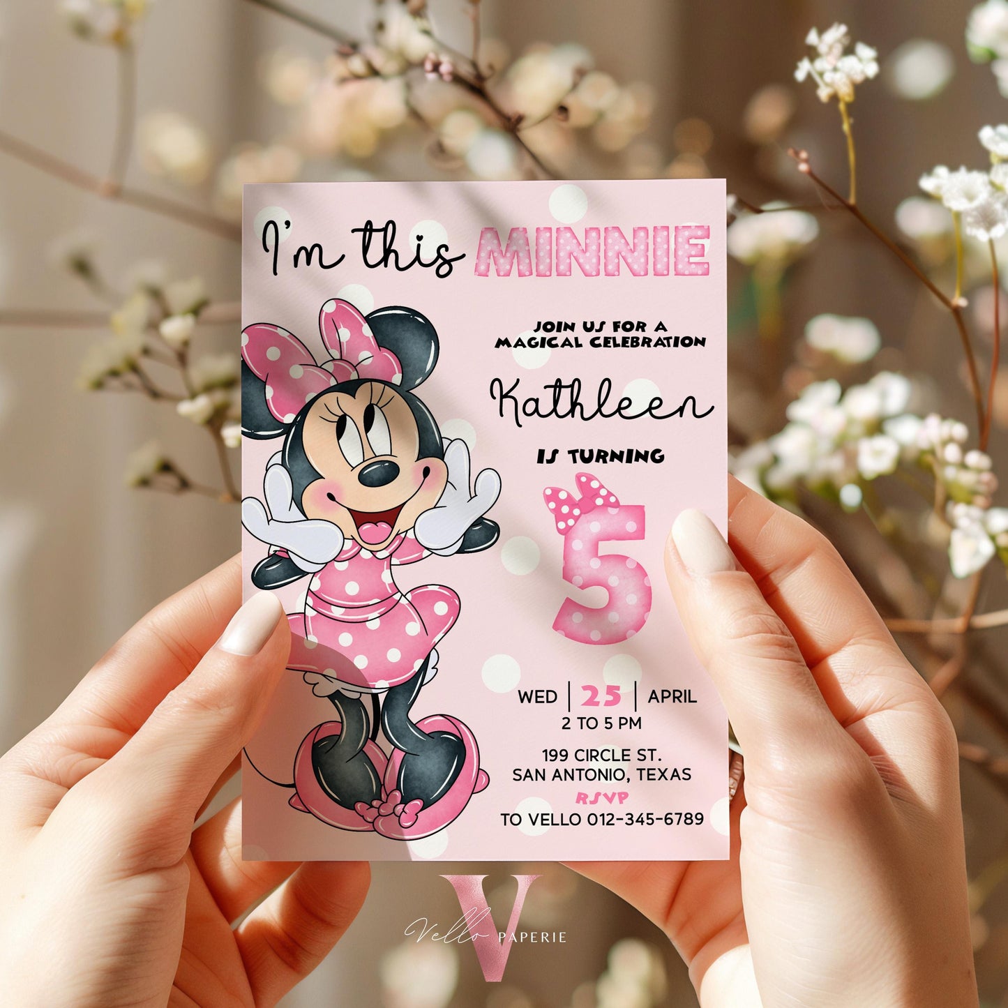 I'm This Minnie 5th Mouse Birthday Invitation | Light Pink Polkadot Invite 5 years old Girl | Minnie Fifth Birthday Instant Download MMB05