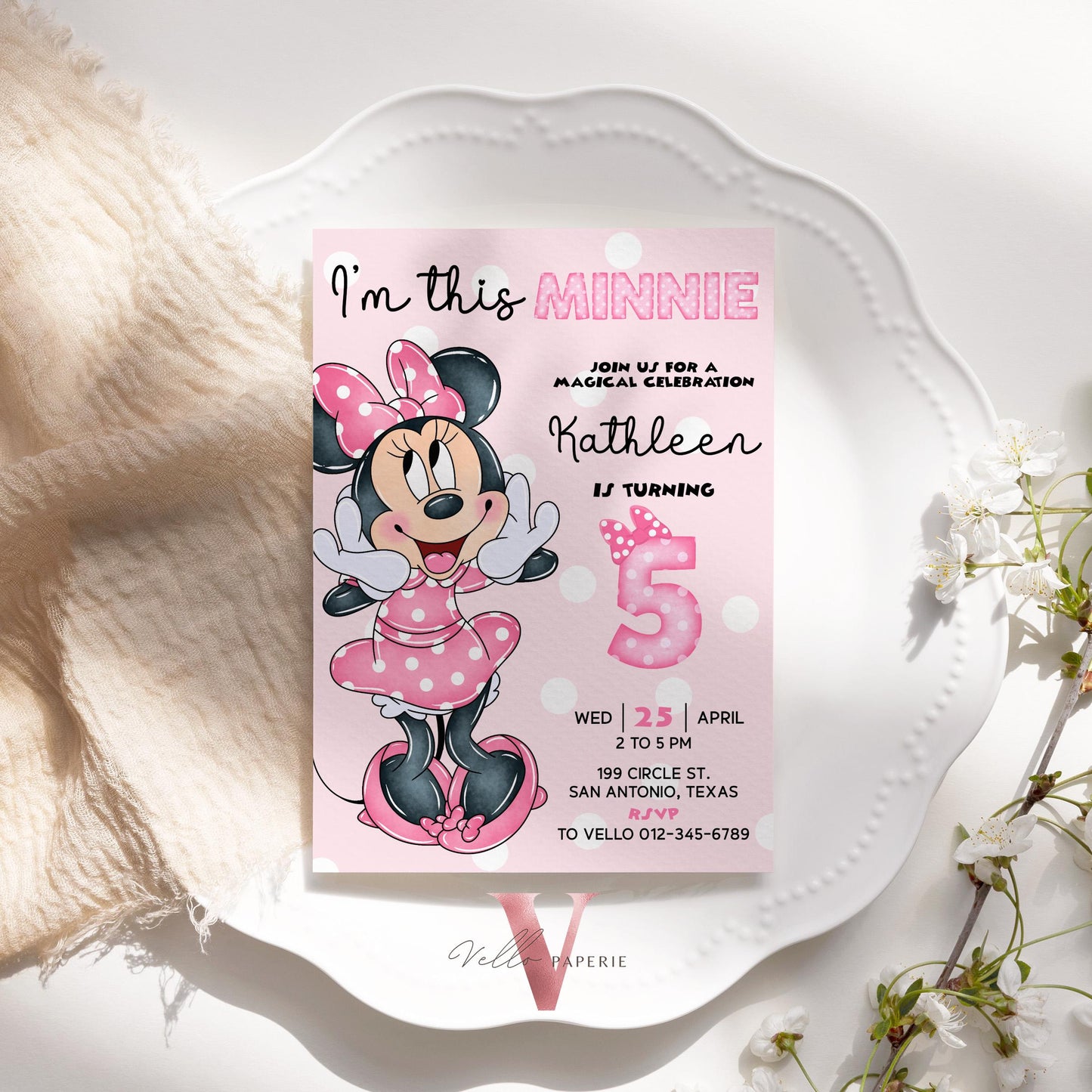 I'm This Minnie 5th Mouse Birthday Invitation | Light Pink Polkadot Invite 5 years old Girl | Minnie Fifth Birthday Instant Download MMB05