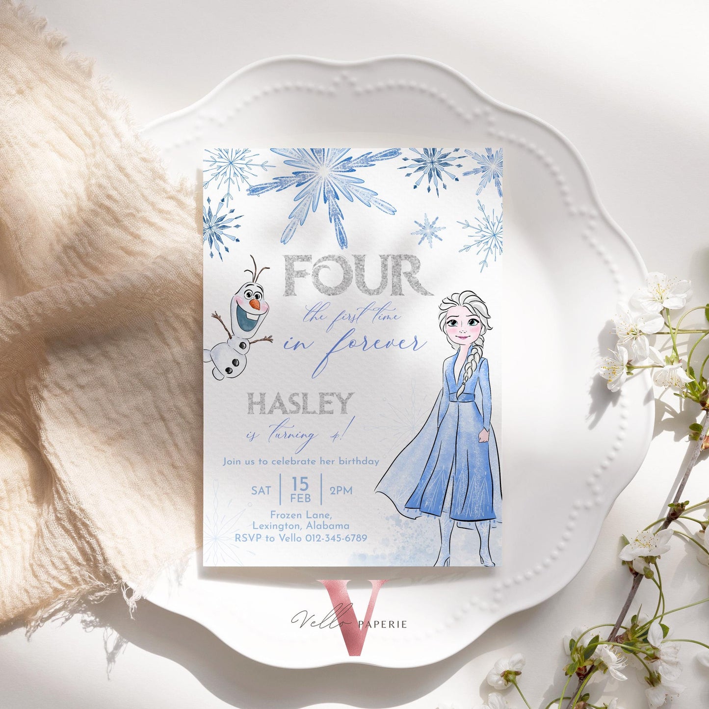 For the First Time in Forever Frozen Birthday Party Invitation | 4th Birthday Watercolor Princess Frozen Invite | Fourth Winter Snow FBP01