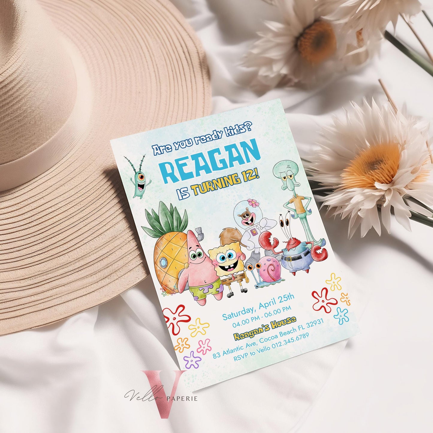 Editable Printable Spongebob Birthday Invitation | Watercolor Spongebob Square Pants Colorful Birthday Party Invite | Any Age Bikini Bottom