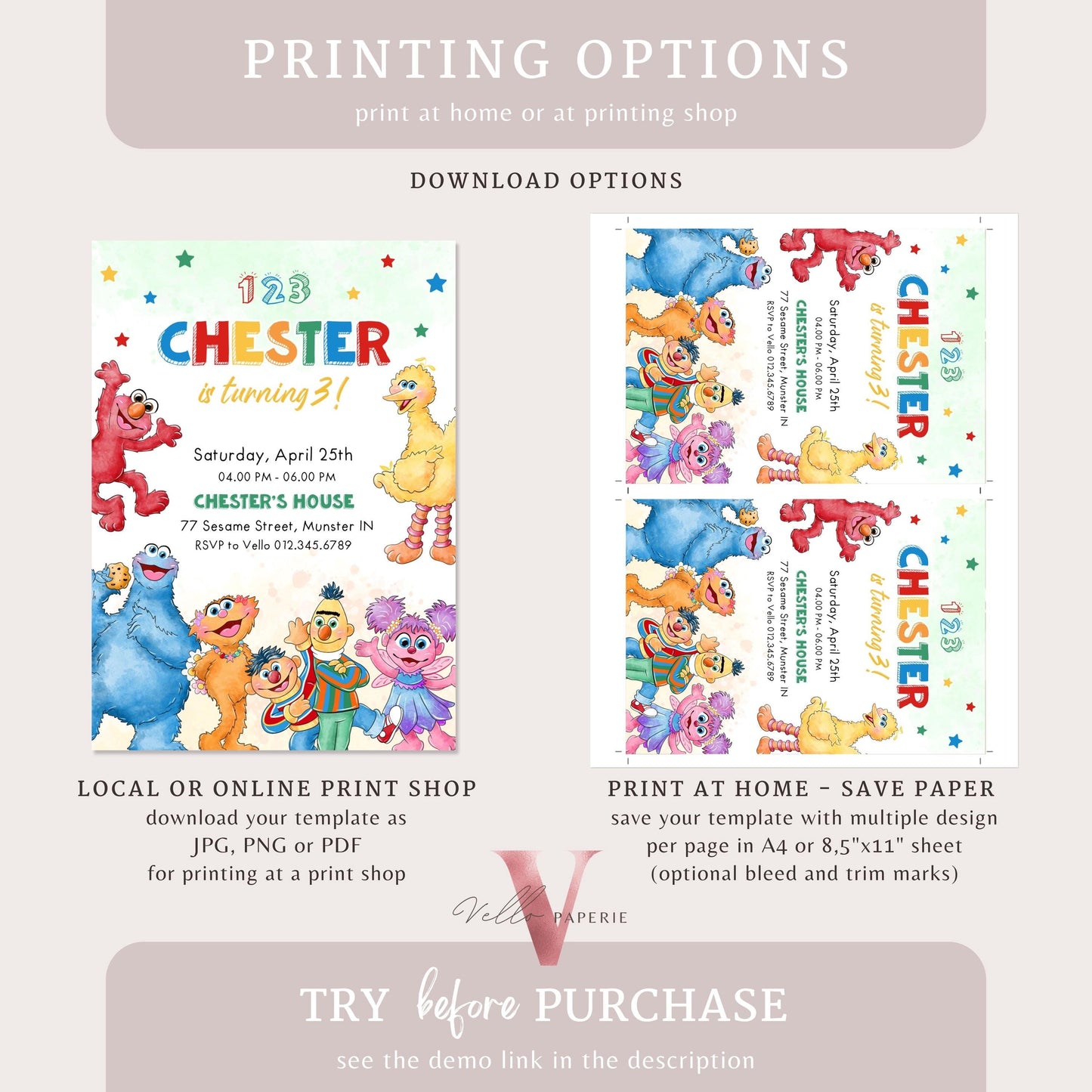 Editable Printable Sesame Street Birthday Invitation | Watercolor Boy Girl Fun Colorful Birthday Party Invite | Any Age Elmo Invite