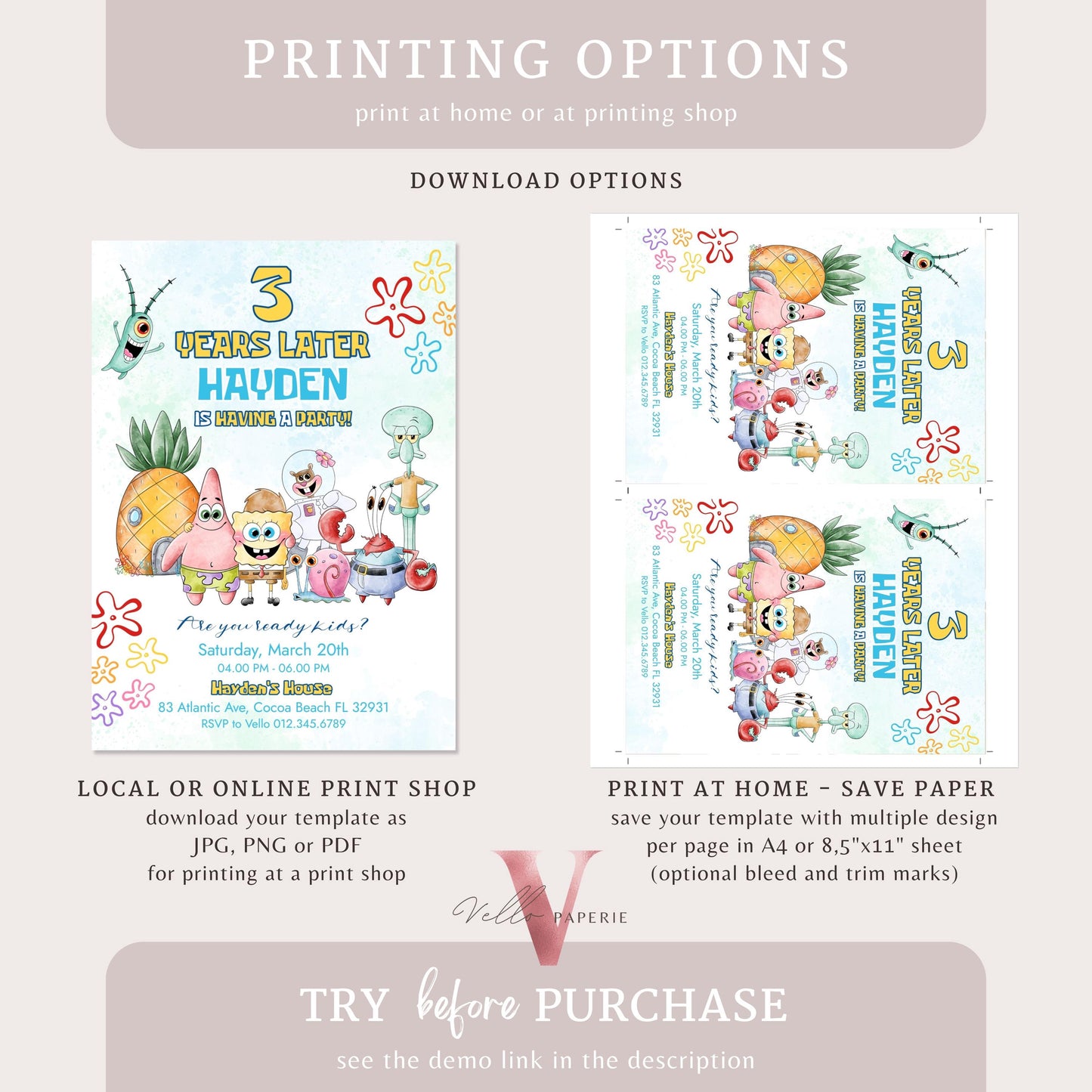 Editable Printable Spongebob Birthday Invitation | Watercolor Spongebob Square Pants Colorful Birthday Party Invite | Any Age Bikini Bottom