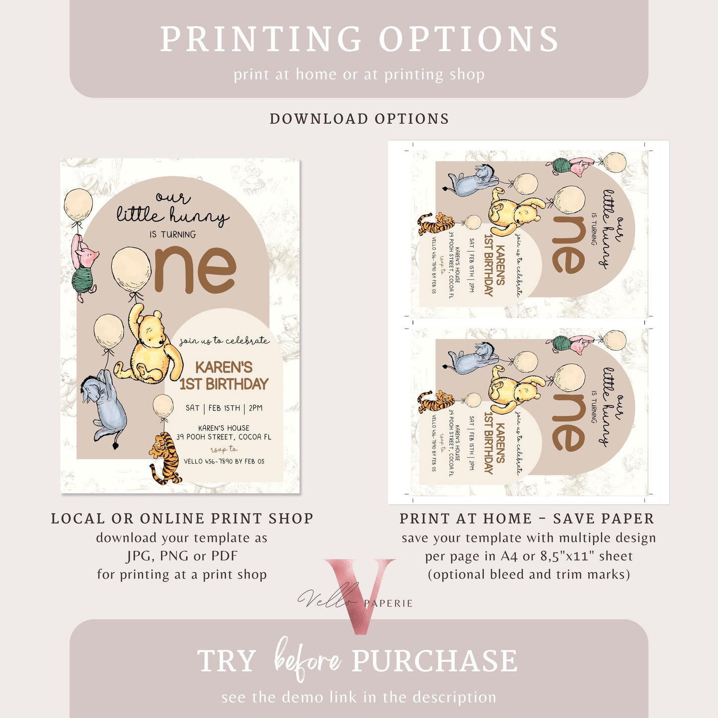 Classic Winnie the Pooh First Birthday Invitation | Editable Winnie The Pooh 1st Birthday Party Invite | Beige Balloon Pooh Toile de Juoy