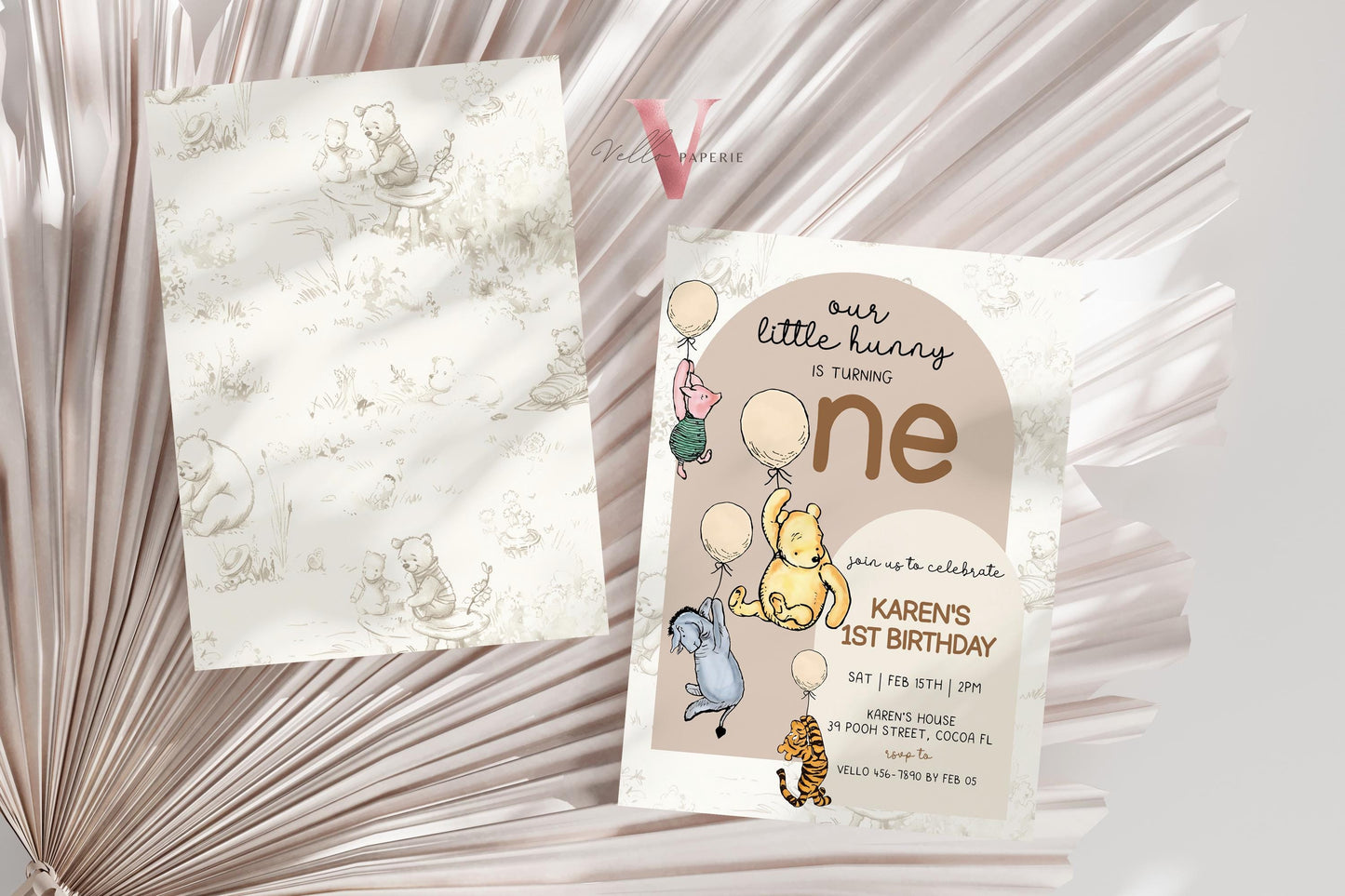 Classic Winnie the Pooh First Birthday Invitation | Editable Winnie The Pooh 1st Birthday Party Invite | Beige Balloon Pooh Toile de Juoy