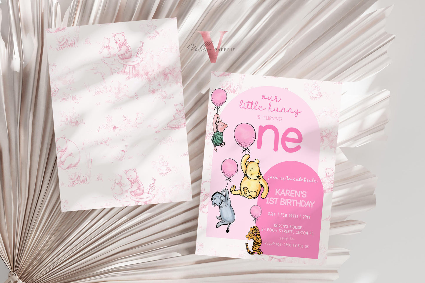 Classic Winnie the Pooh First Birthday Invitation | Editable Winnie The Pooh 1st Birthday Party Invite | Pink Balloon Pooh Toile de Juoy