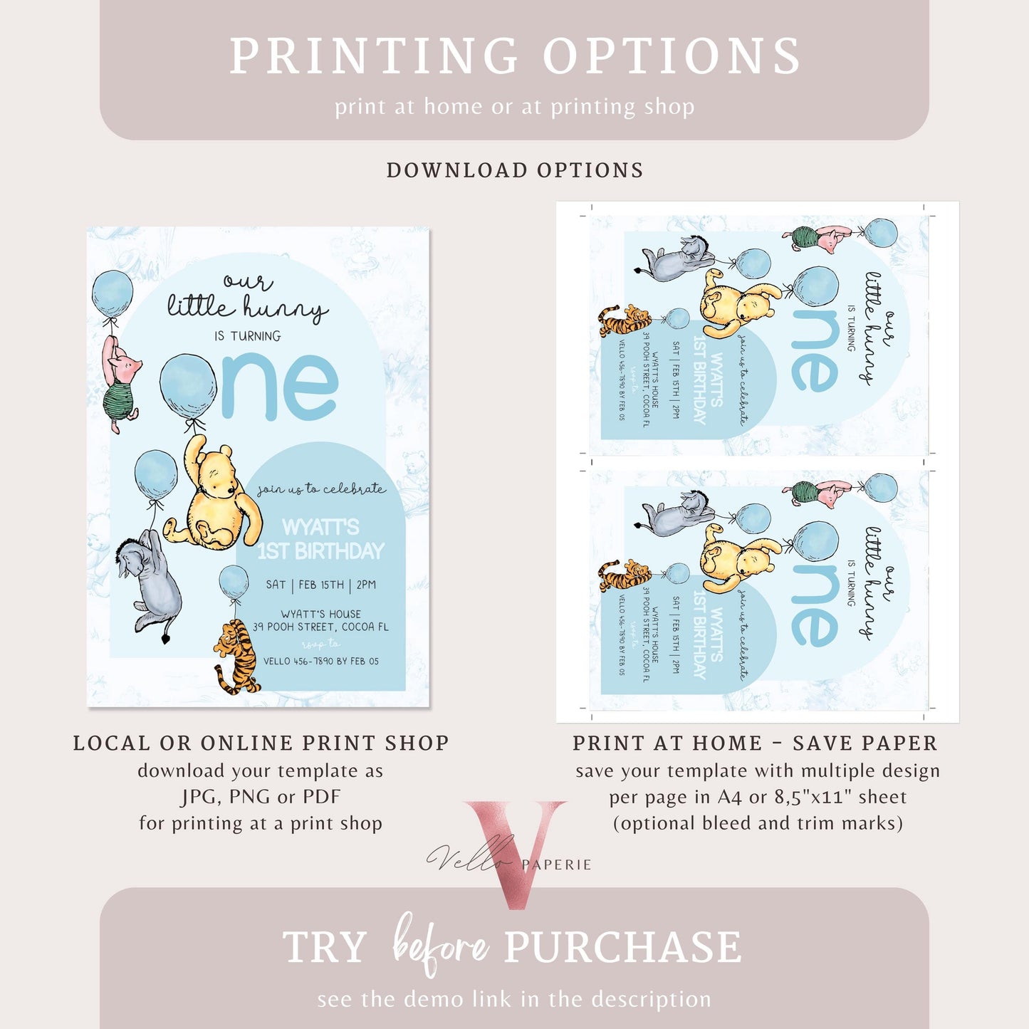 Classic Winnie the Pooh First Birthday Invitation | Editable Winnie The Pooh 1st Birthday Party Invite | Blue Balloon Pooh Toile de Juoy