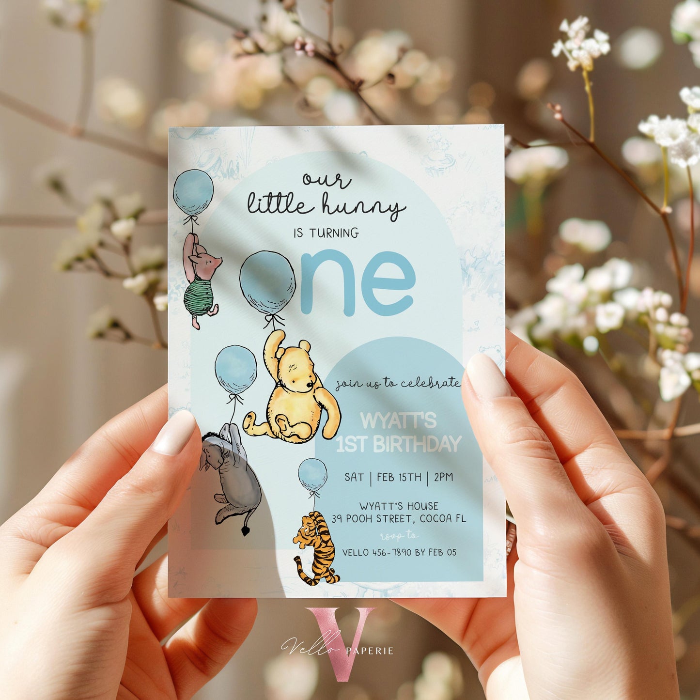 Classic Winnie the Pooh First Birthday Invitation | Editable Winnie The Pooh 1st Birthday Party Invite | Blue Balloon Pooh Toile de Juoy