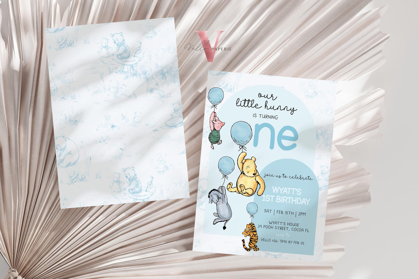 Classic Winnie the Pooh First Birthday Invitation | Editable Winnie The Pooh 1st Birthday Party Invite | Blue Balloon Pooh Toile de Juoy