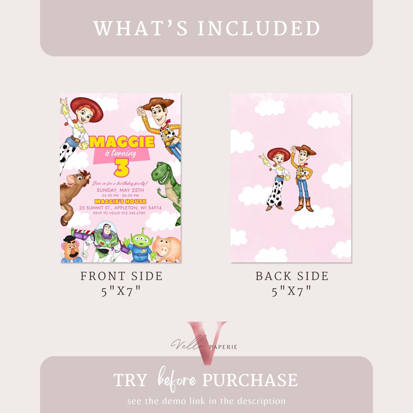 Any Age Pink TOY Story Birthday Invitation | Watercolor Toy Story Girl Theme Colorful Birthday Party Invite | Buzz Woody Jessie