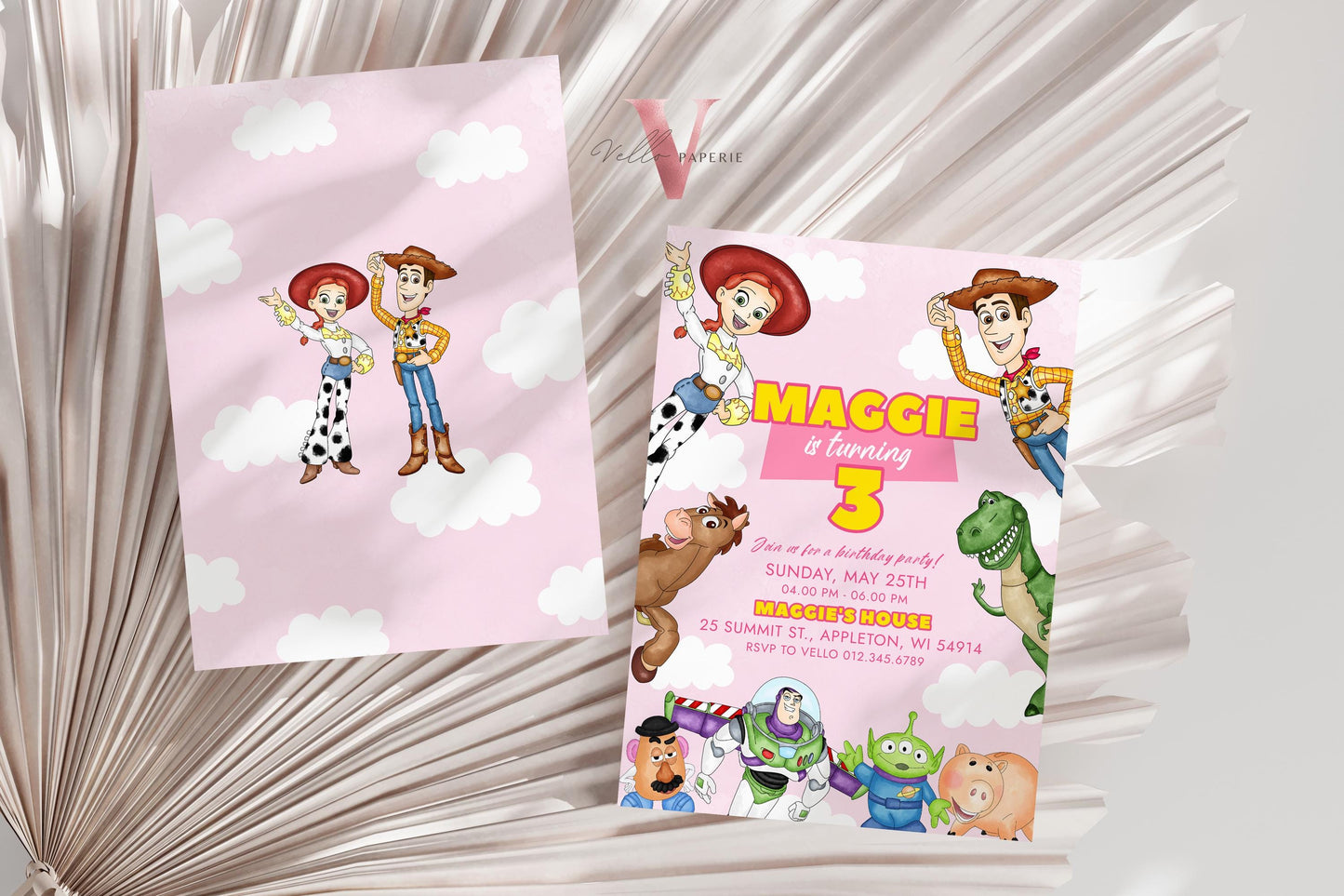 Any Age Pink TOY Story Birthday Invitation | Watercolor Toy Story Girl Theme Colorful Birthday Party Invite | Buzz Woody Jessie