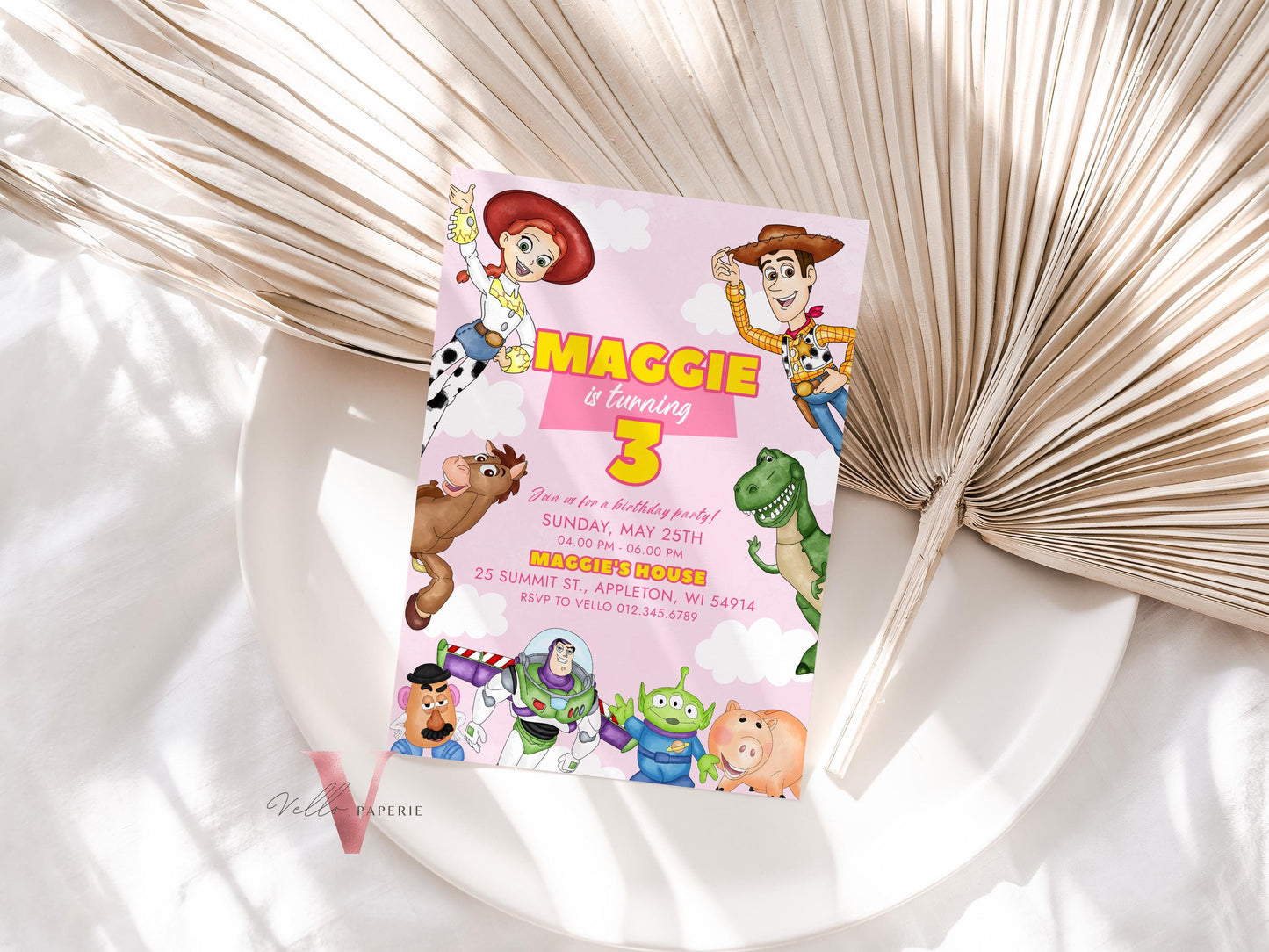 Any Age Pink TOY Story Birthday Invitation | Watercolor Toy Story Girl Theme Colorful Birthday Party Invite | Buzz Woody Jessie