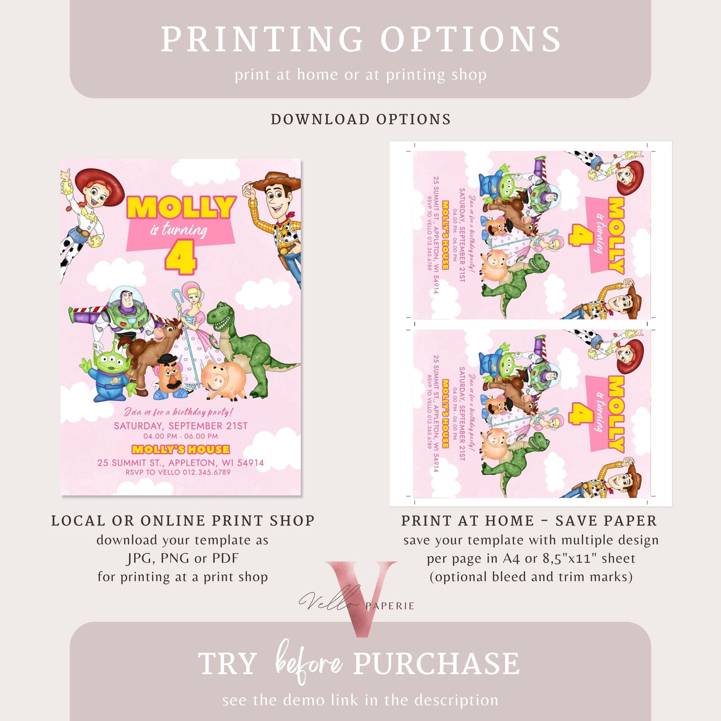 Any Age Pink TOY Story Birthday Invitation | Watercolor Toy Story Girl Theme Colorful Birthday Party Invite | Buzz Woody Jessie