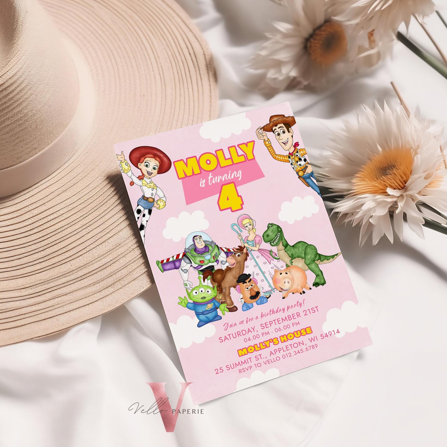 Any Age Pink TOY Story Birthday Invitation | Watercolor Toy Story Girl Theme Colorful Birthday Party Invite | Buzz Woody Jessie