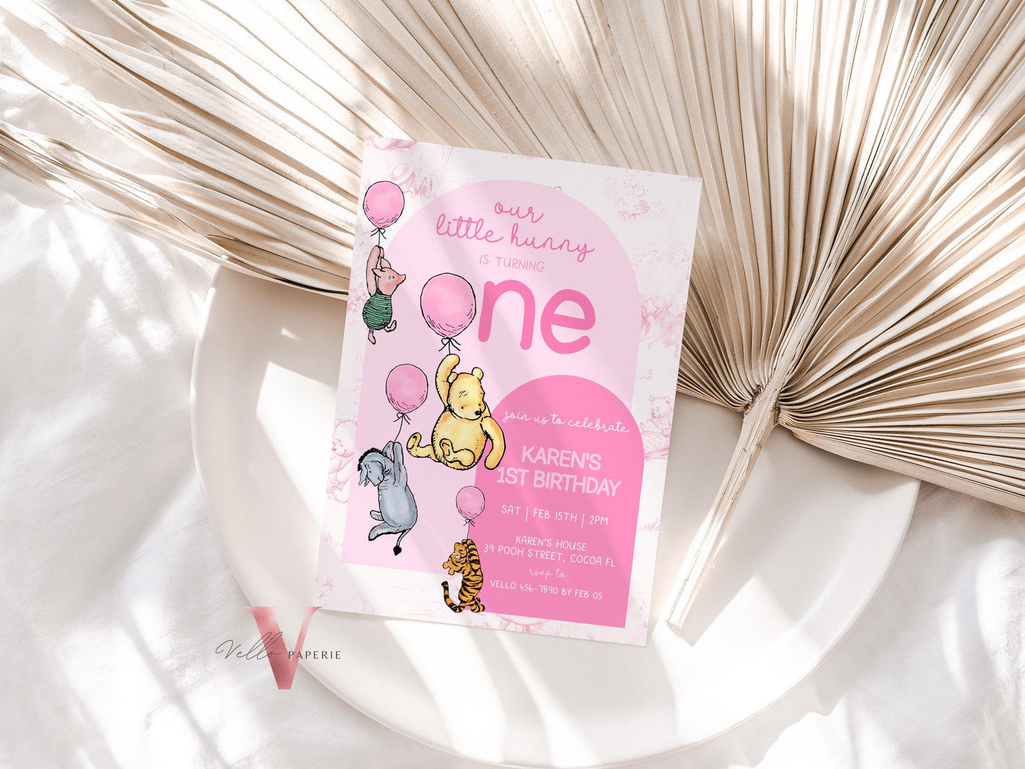 Classic Winnie the Pooh First Birthday Invitation | Editable Winnie The Pooh 1st Birthday Party Invite | Pink Balloon Pooh Toile de Juoy