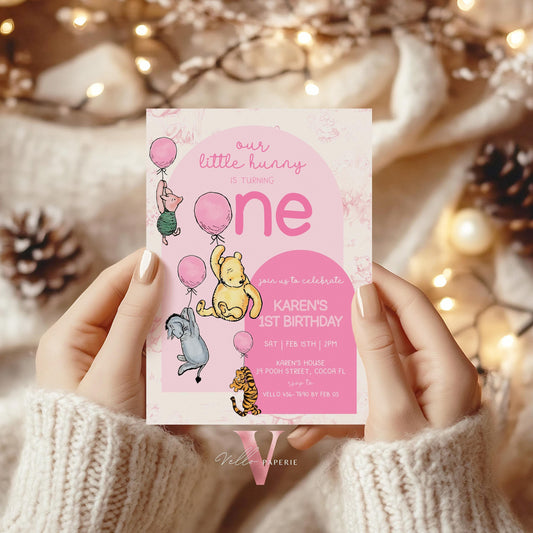 Classic Winnie the Pooh First Birthday Invitation | Editable Winnie The Pooh 1st Birthday Party Invite | Pink Balloon Pooh Toile de Juoy