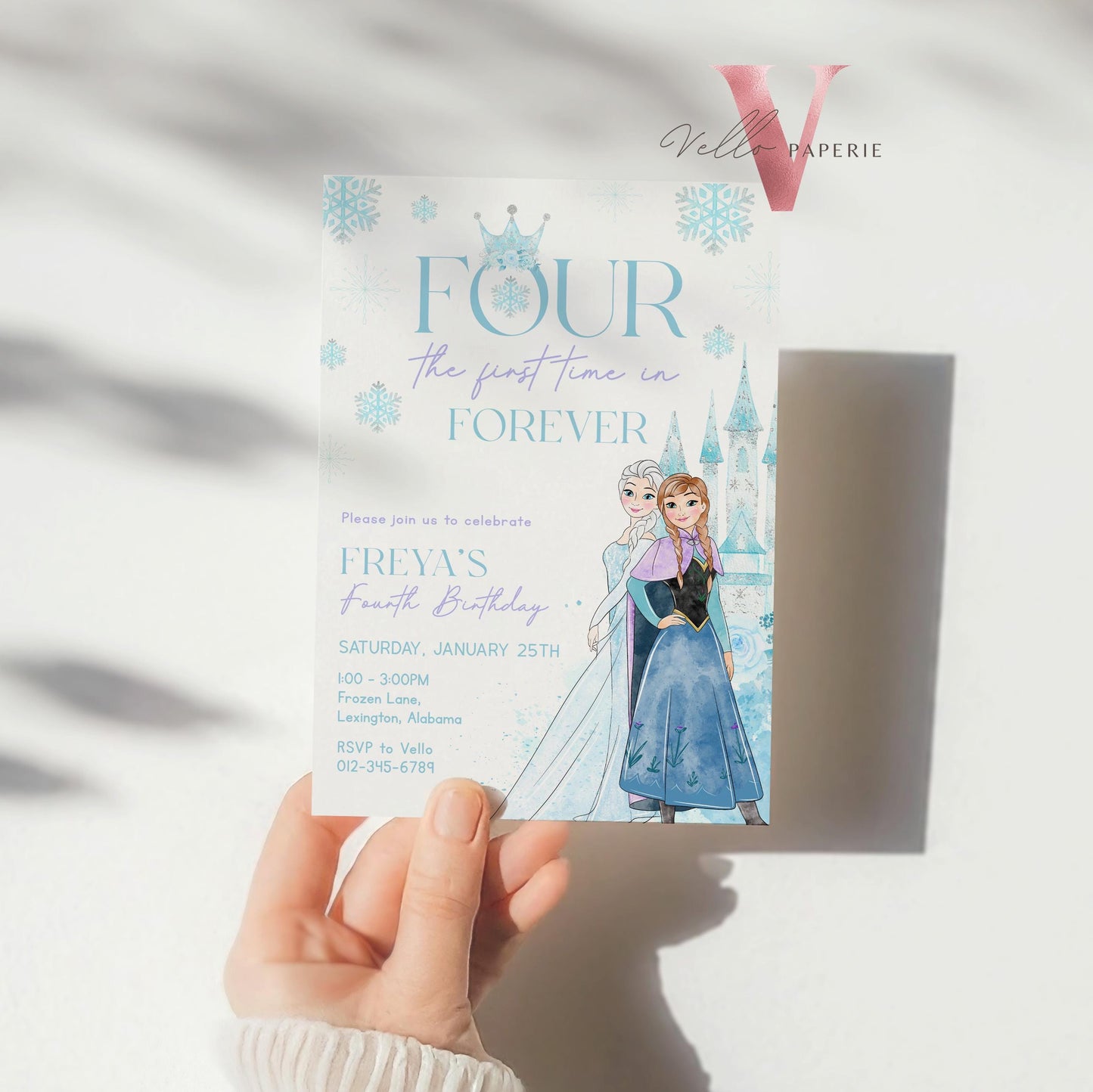 Editable 4TH Birthday Frozen Theme Birthday Party Invitation | Fourth Birthday Watercolor Princess Anna Elsa Invite | Winter Snow Princess