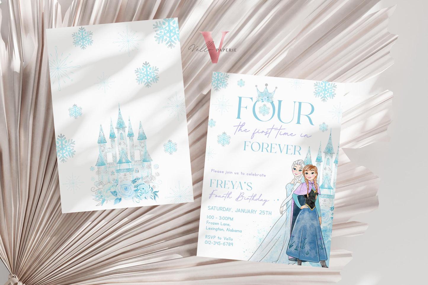 Editable 4TH Birthday Frozen Theme Birthday Party Invitation | Fourth Birthday Watercolor Princess Anna Elsa Invite | Winter Snow Princess