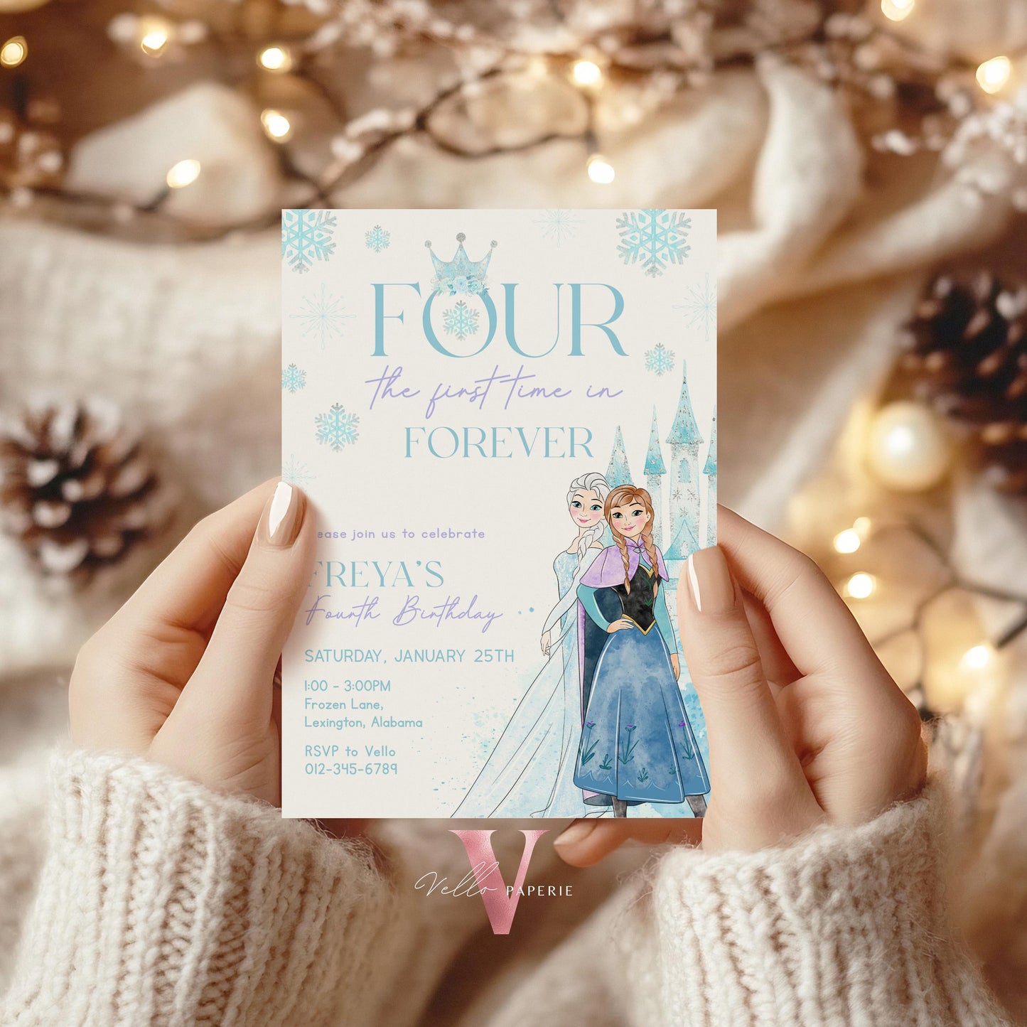 Editable 4TH Birthday Frozen Theme Birthday Party Invitation | Fourth Birthday Watercolor Princess Anna Elsa Invite | Winter Snow Princess