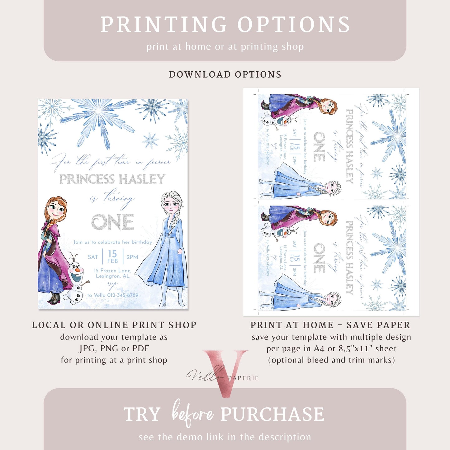 ANY AGE Frozen Theme Birthday Party Invitation | Silver Blue Watercolor Princess Elsa Anna Birthday Invite | Winter Snow Princess FBP01