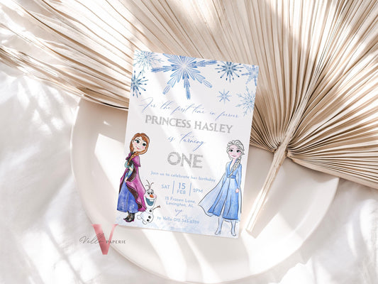 ANY AGE Frozen Theme Birthday Party Invitation | Silver Blue Watercolor Princess Elsa Anna Birthday Invite | Winter Snow Princess FBP01