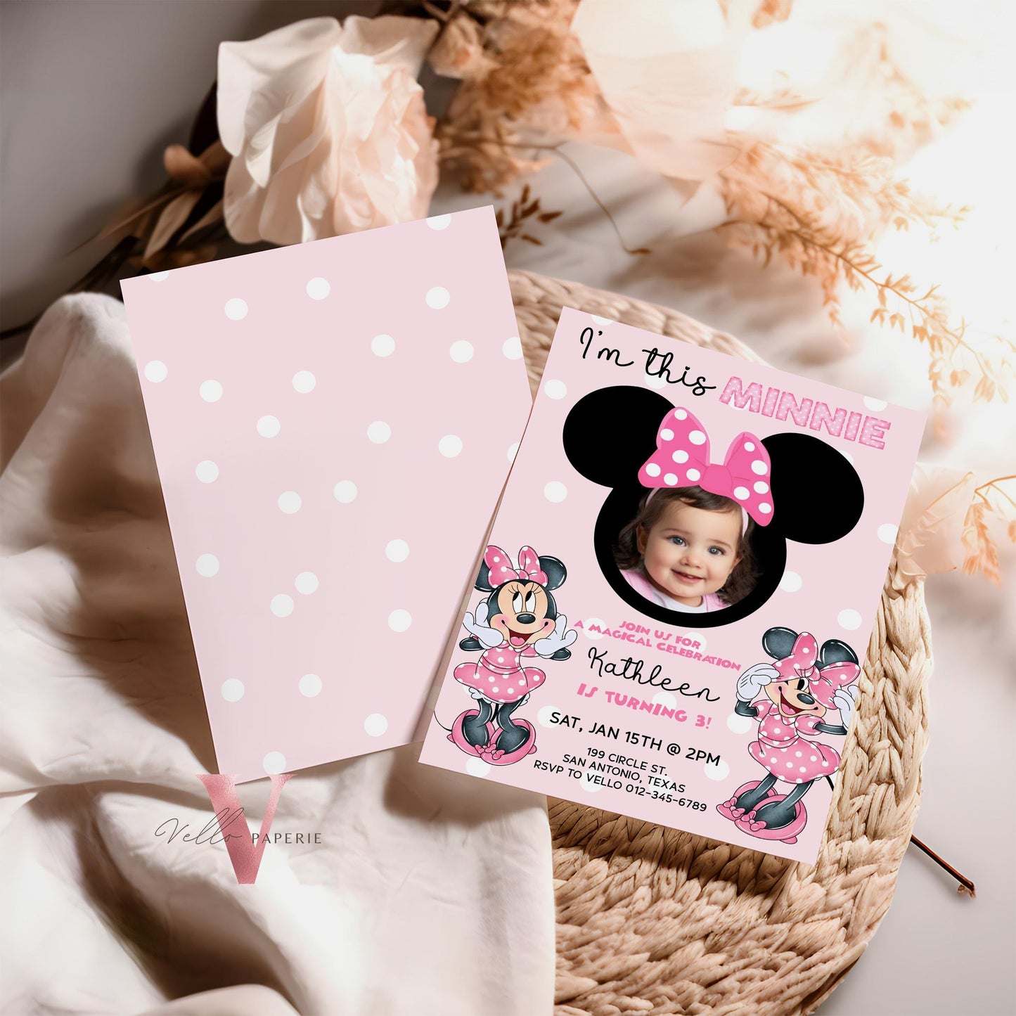 Use Your Photo I'm this Minnie Mouse Birthday Invitation | Cute Light Pink Polka Dot Invite | ANY AGE Birthday Instant Template MMB06