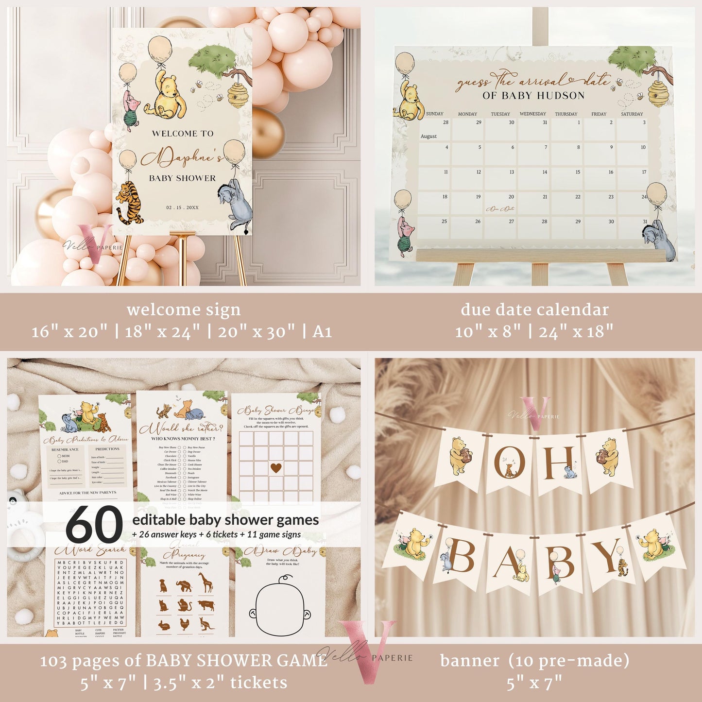 Winnie the Pooh Baby Shower COMPLETE BUNDLE | Full Editable Beige Toile de Juoy, Little Hunny Pooh Baby Shower Party SET, Favors Decor WTP01