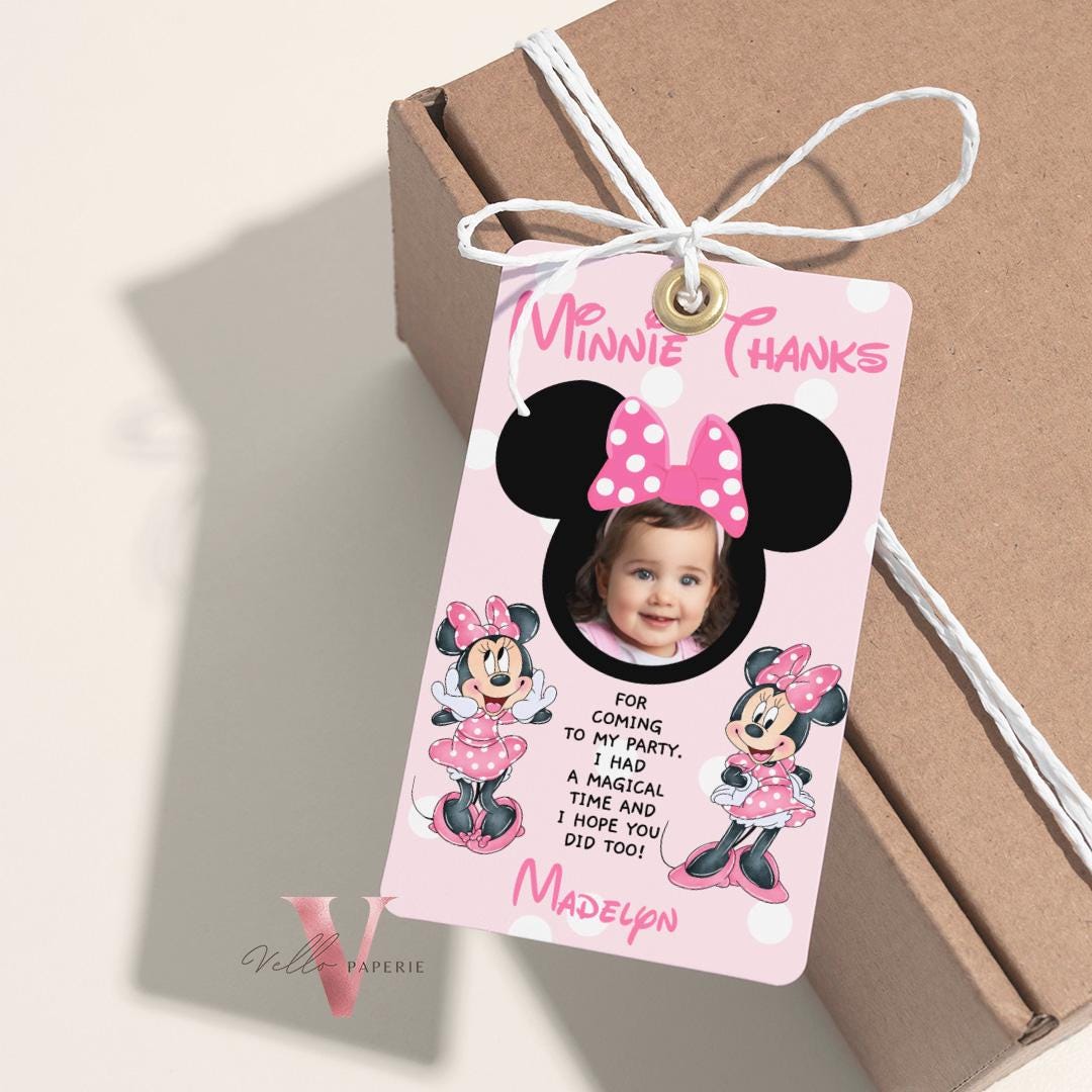 Use Your Photo Any Age Minnie Mouse Photo Birthday Party Favors | Glitter Pink Minnie Party Chips Bag, Water Bottle Label, Caprisun  MMB06