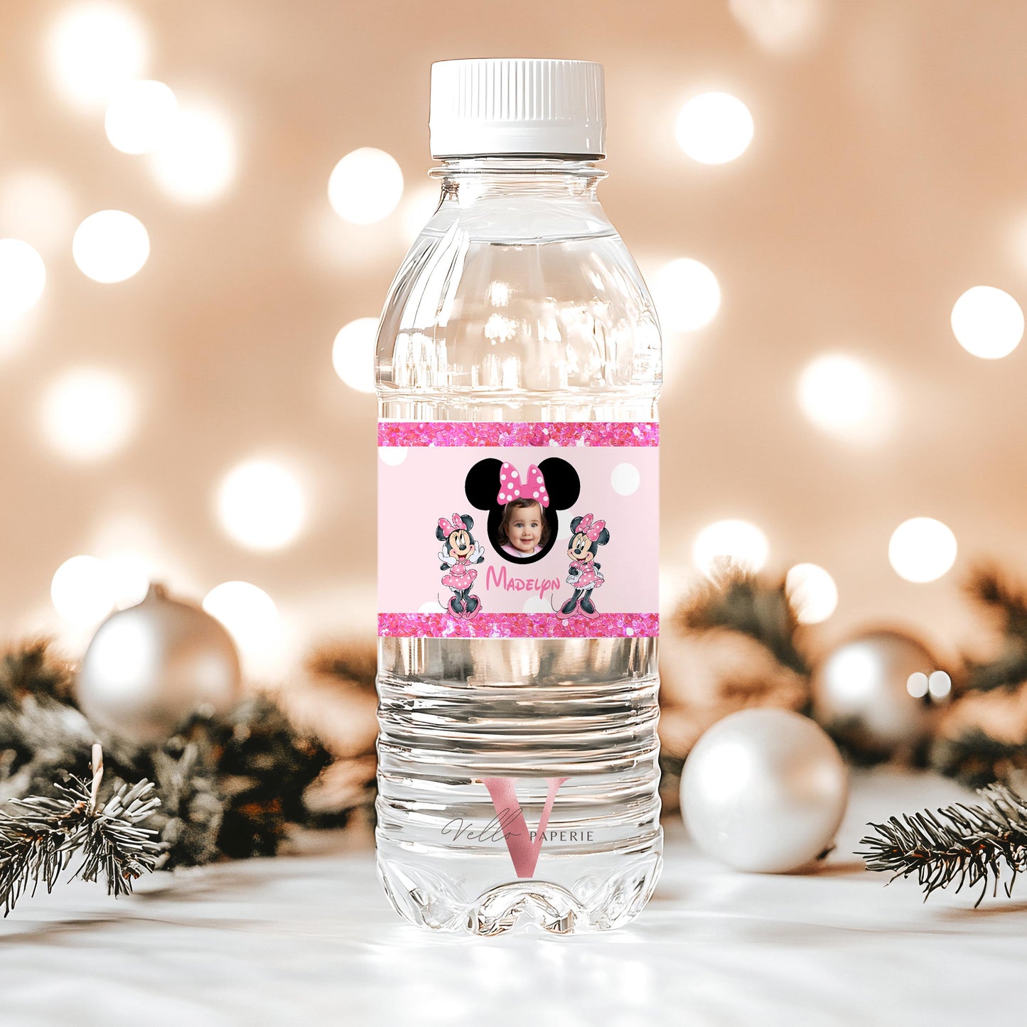 Use Your Photo Any Age Minnie Mouse Photo Birthday Party Favors | Glitter Pink Minnie Party Chips Bag, Water Bottle Label, Caprisun  MMB06