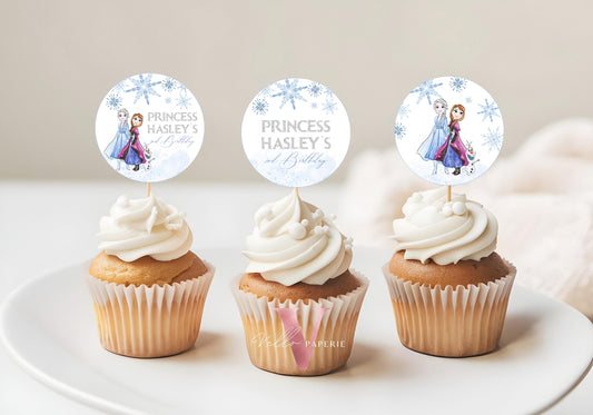 Editable Any Age Frozen Birthday Cupcake Topper | Silver Glitter Snow Princess Party Favors Topper | Anna Elsa Party Cake Decor FBP01