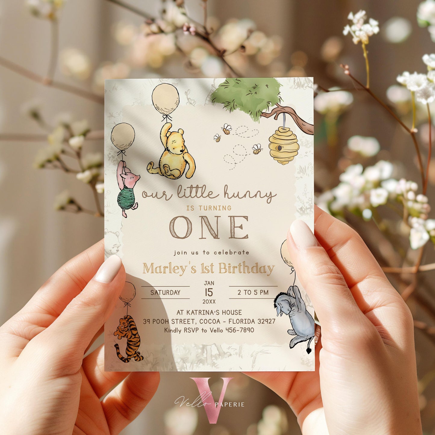 Classic Winnie the Pooh First Birthday Invitation | Editable Winnie The Pooh 1st Birthday Party Invite | Beige Balloon Pooh Toile de Juoy