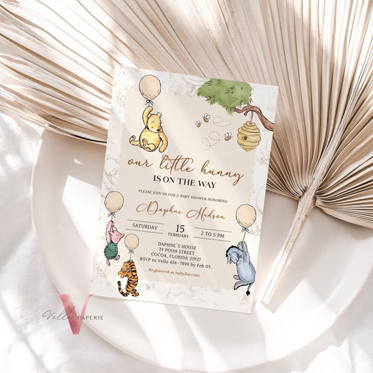 Balloon Winnie the Pooh Baby Shower Invitation | Editable Printable Beige Toile de Juoy, Little Hunny Pooh Baby Shower Party Invite WTP01