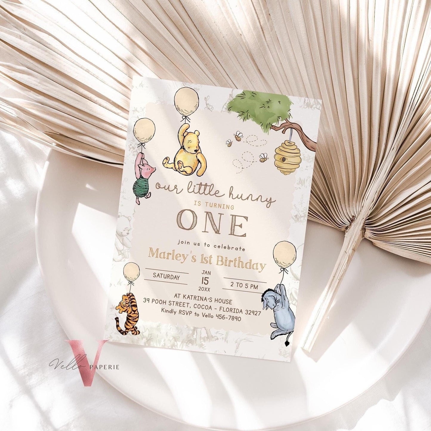 Classic Winnie the Pooh First Birthday Invitation | Editable Winnie The Pooh 1st Birthday Party Invite | Beige Balloon Pooh Toile de Juoy